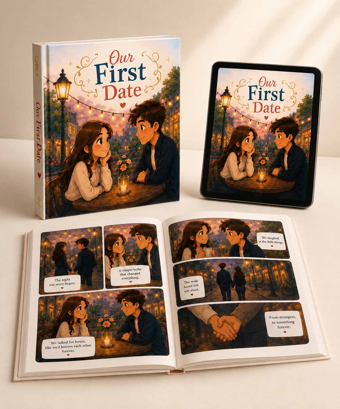 Your illustrated memory book — cover, open pages and digital edition